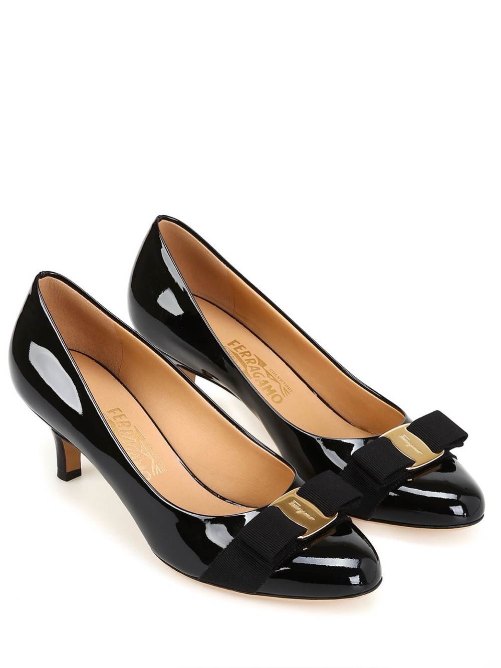 Authentic Salvatore Ferragamo Carla 55 patent leather pump black 1.25" kitten h